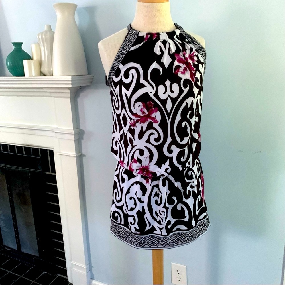 WHBM sleeveless halter top black white purple fleur de lis flower pattern tunic
